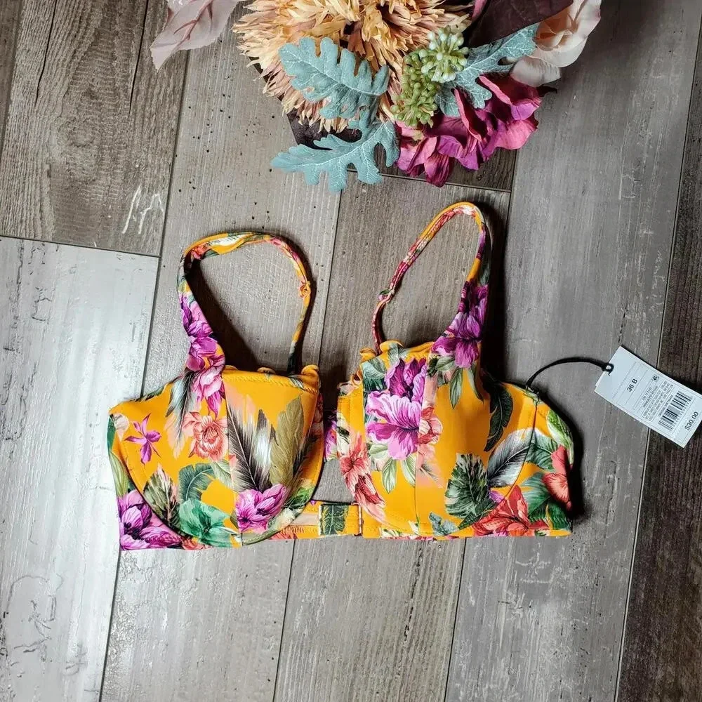 NWT Shade & Shore Women's Ruffle Underwire Bikini Top 36B Orange Green Floral
